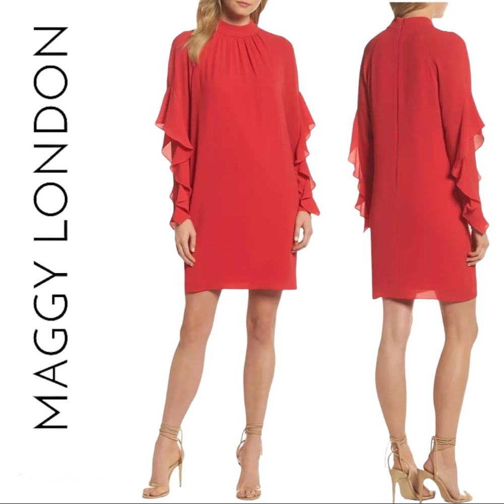 💥 SOLD💥Maggy London Ruffle Sleeve Mock Neck Red Cocktail Dress 10 - Picture 11 of 11
